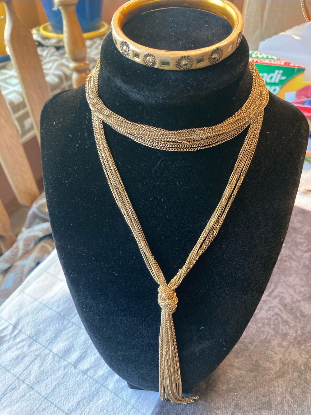 Gold-Tone Multi Strand Tassel Necklace and Mirrored Bangle Set